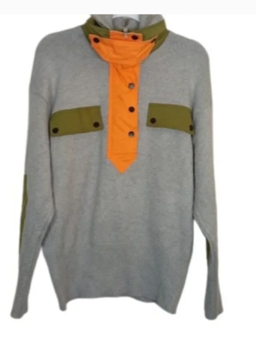 Akira Mens Mock Cargo Sweater Gray Neon Zip Collar Patch Elbows size L